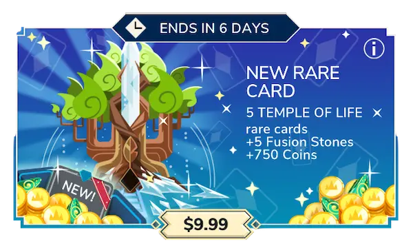 Temple of Life pack ($9.99): 5 copies of Temple of Life, 5 fusions stones and 750 coins