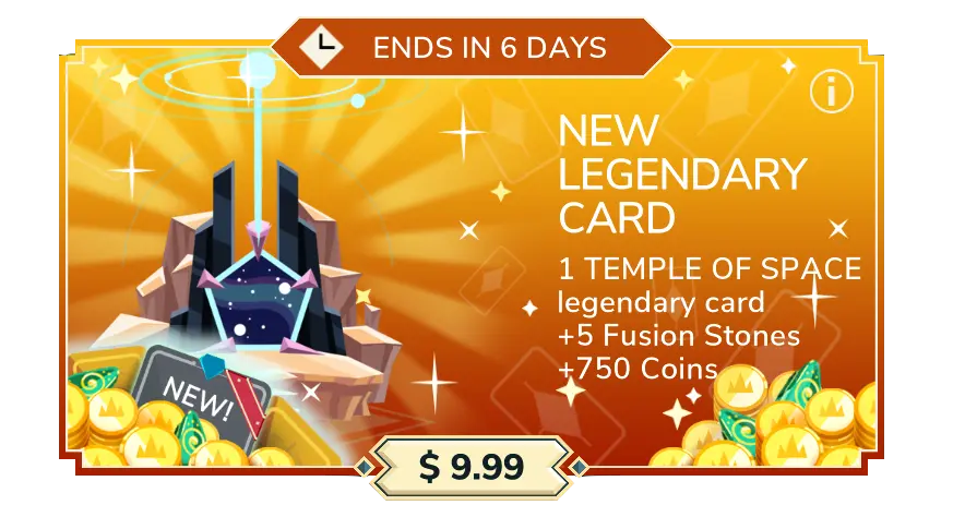 Exclusive pack ($9.99): 1 copy of Temple of Space, 5 fusion stones and 750 coins